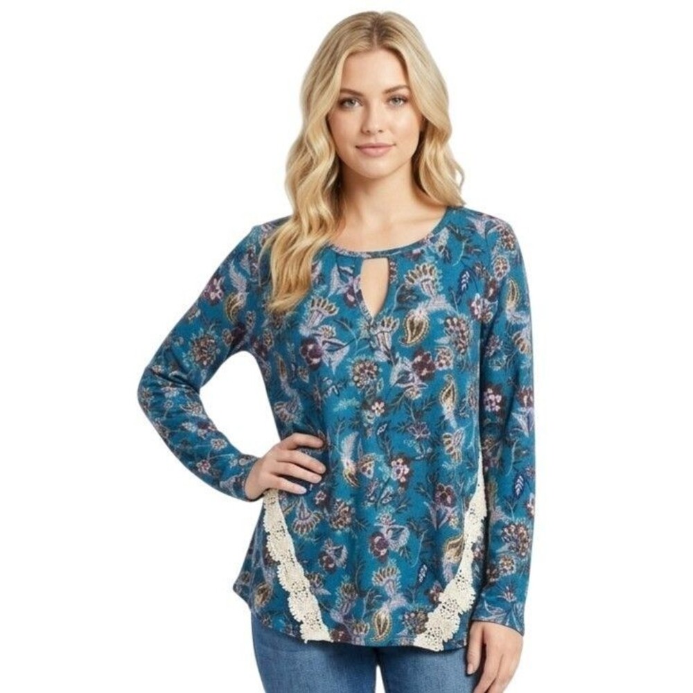 tru self Womens Top L Blue Floral Knit Long Slv Lace trim Stretch cottagecore